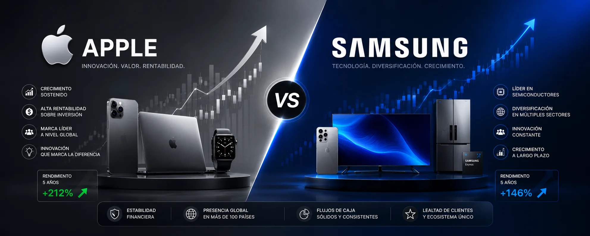Comparativa de Apple y Samsung: rendimiento a cinco años, presencia global y flujos de caja